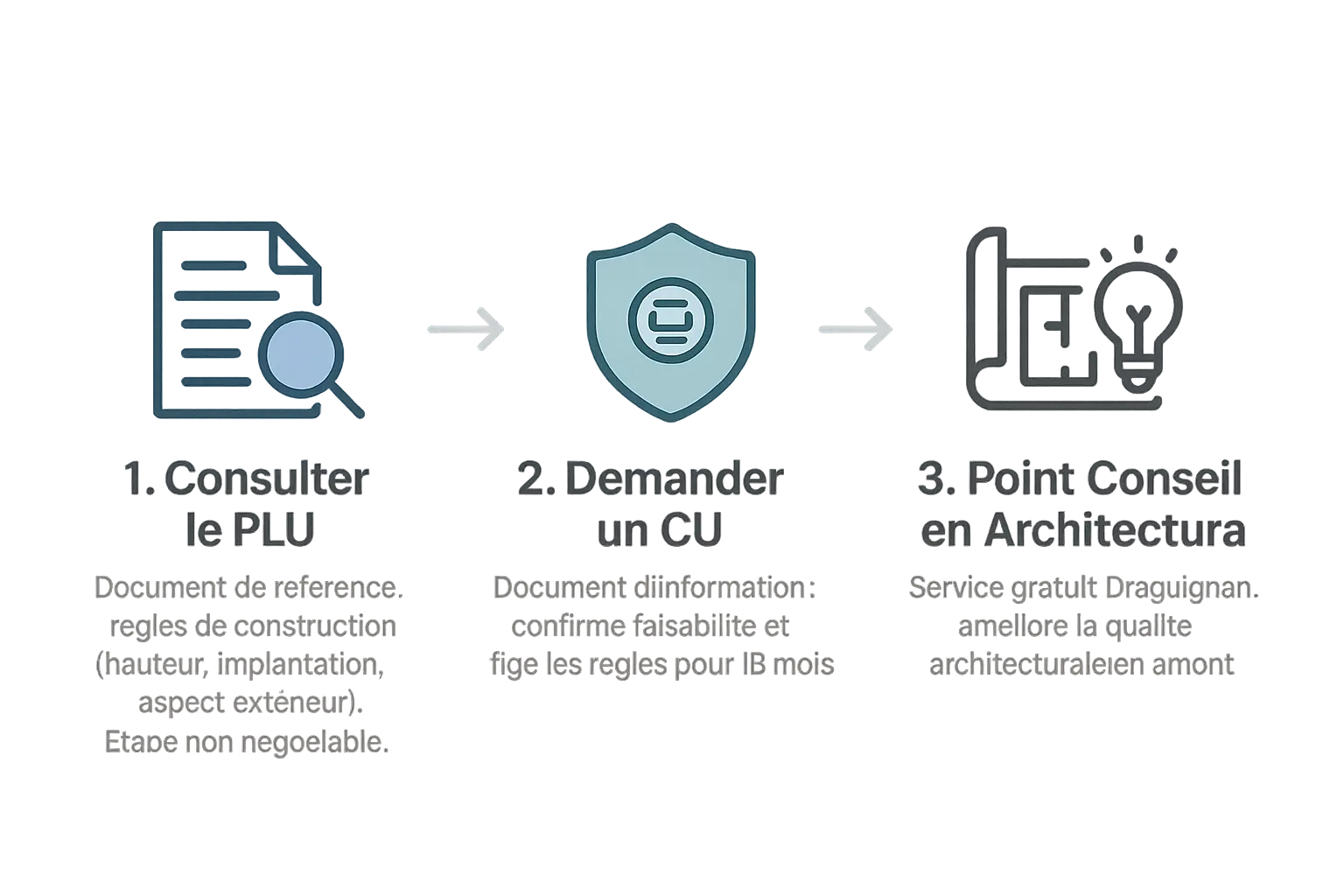 Schéma des trois étapes clés avant le dépôt du dossier de permis de construire à Draguignan