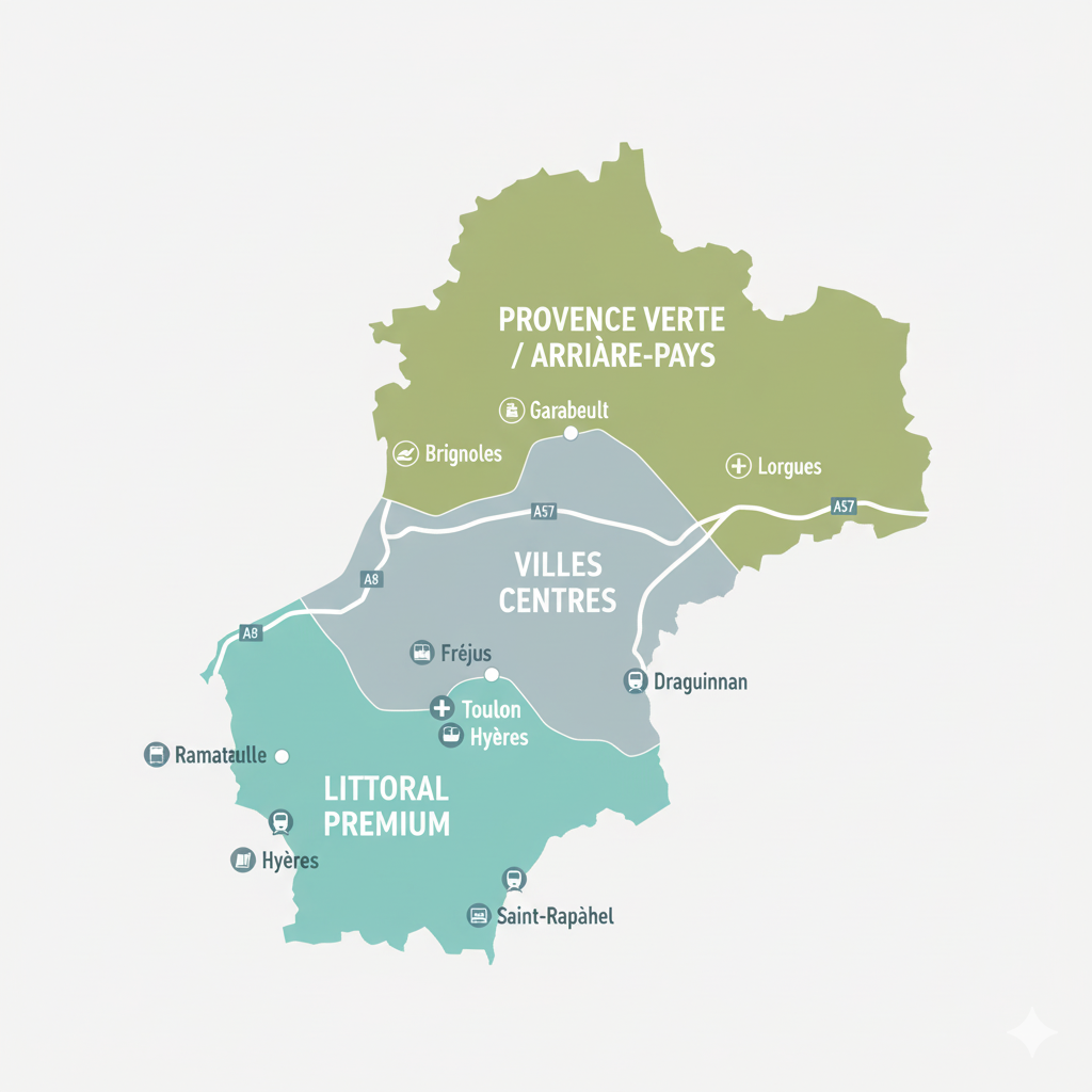 Carte du Var montrant littoral, villes centres et Provence Verte — meilleures communes pour construire dans le Var
