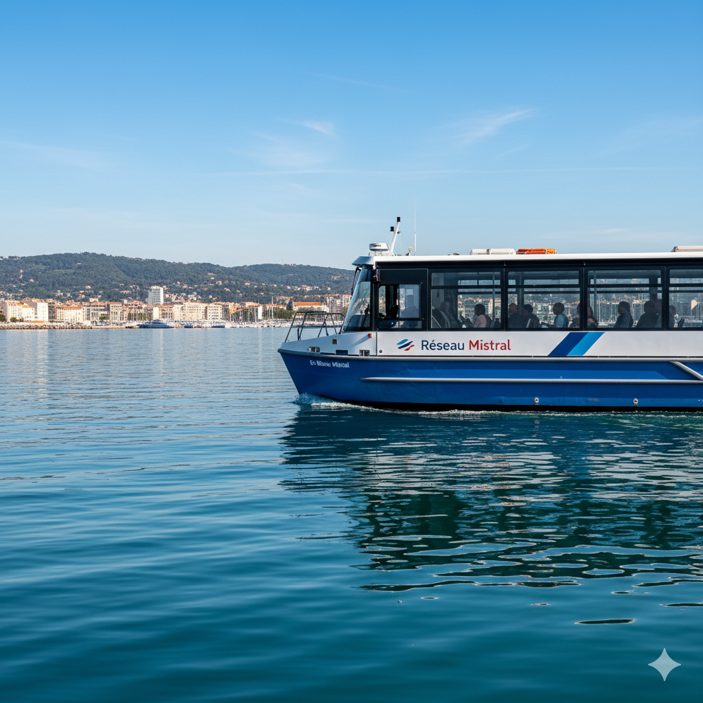 Bateau‑bus du Réseau Mistral traversant la rade, région toulonnaise