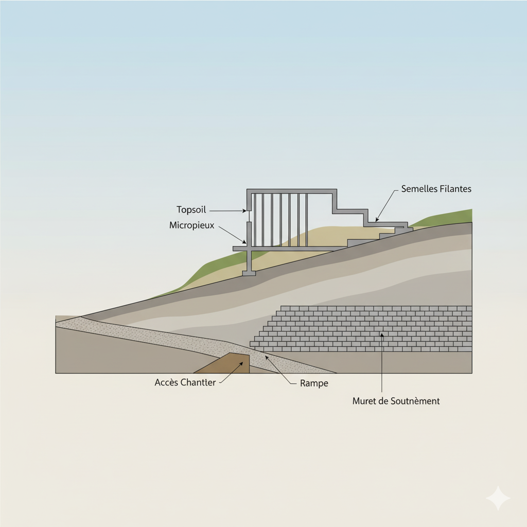 illustration fondations sur terrain en pente à Hyères, accès et soutènement