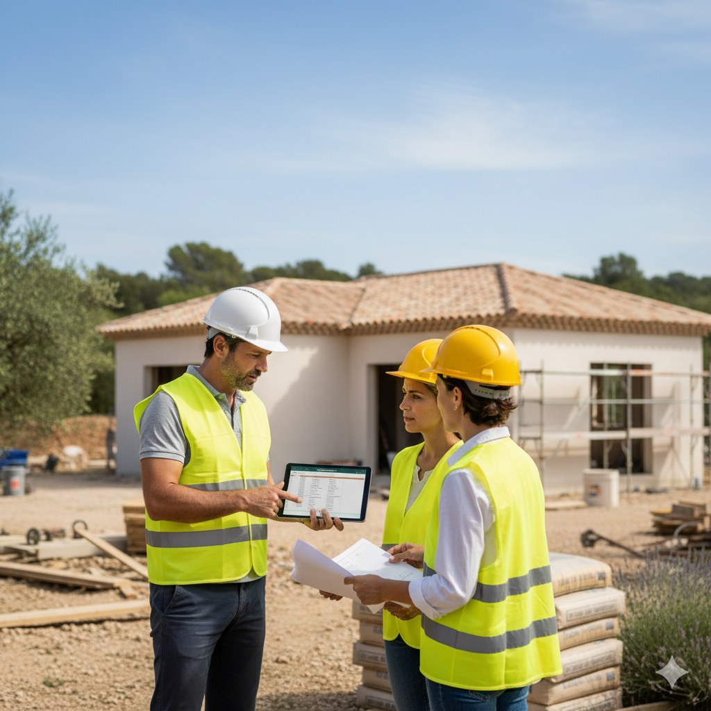 Conducteur présentant planning CCMI sur chantier, Maisons France Confort Var.