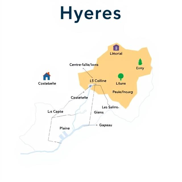 carte des secteurs pour terrain constructible à Hyères : centre, collines, littoral, plaine
