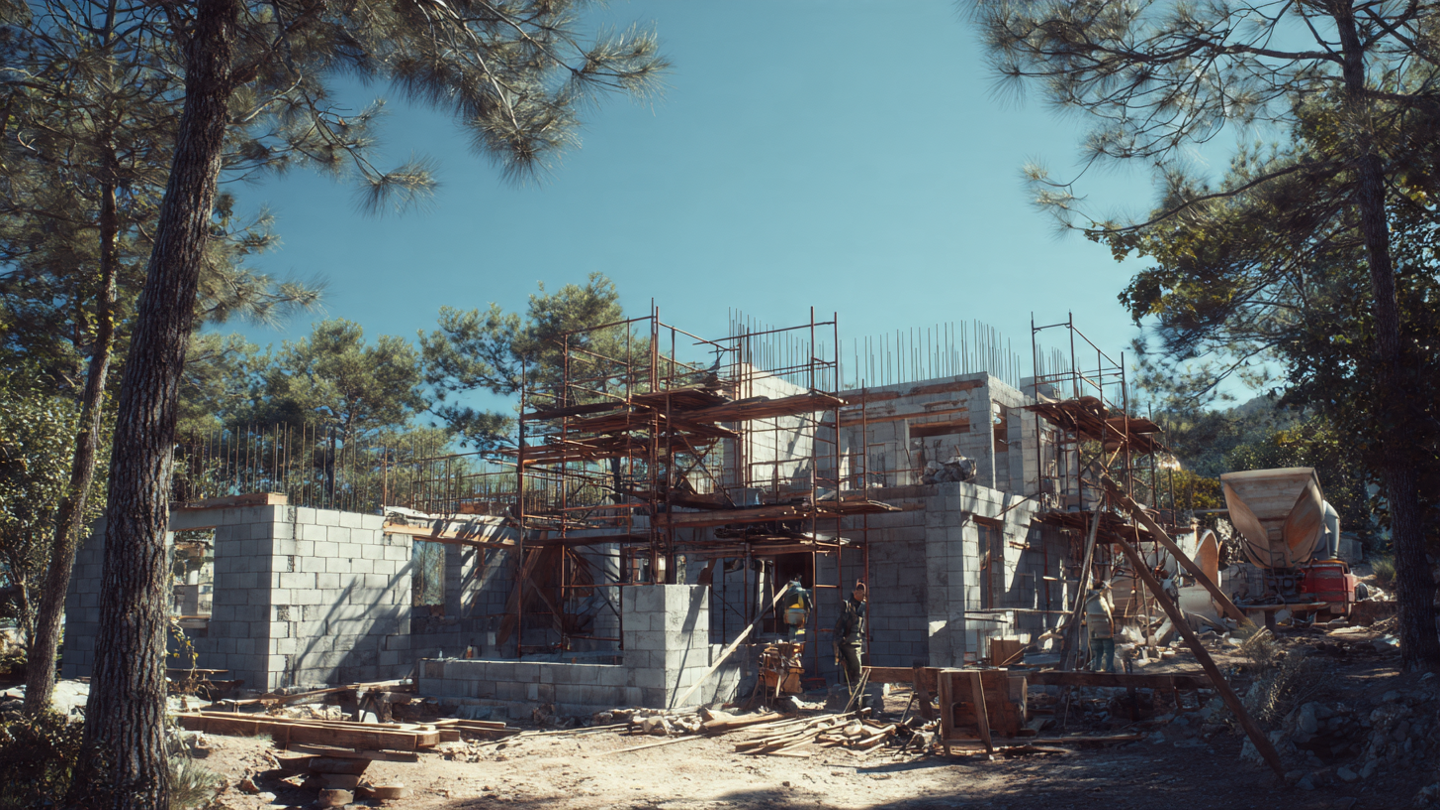 Chantier Maisons Balency dans le Var, gros œuvre en cours avec échafaudages et toupie