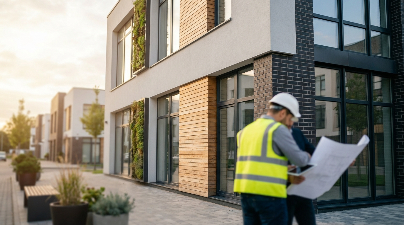 Deux professionnels en bâtiment devant une façade moderne avec murs végétaux, bardage bois et briques foncées, sous ciel clair.