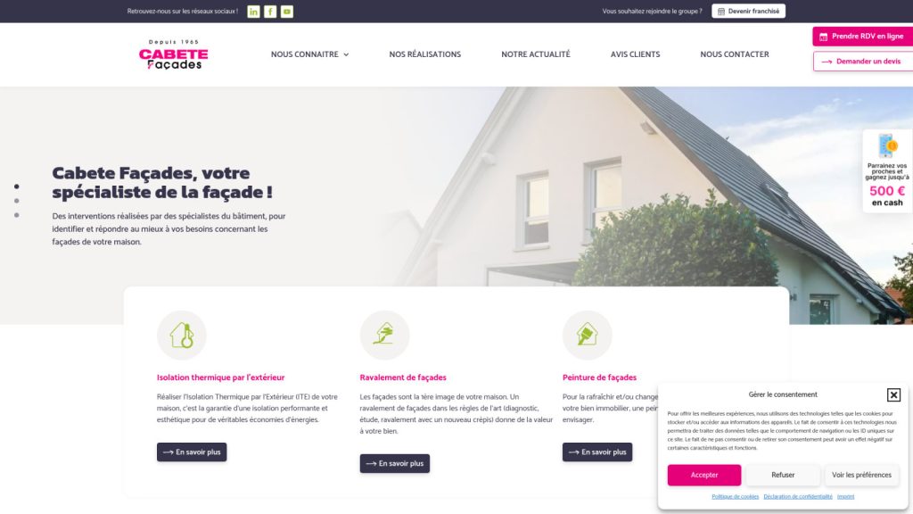 Page d’accueil de Cabete Façades, spécialiste du ravalement et de l’isolation thermique par l’extérieur
