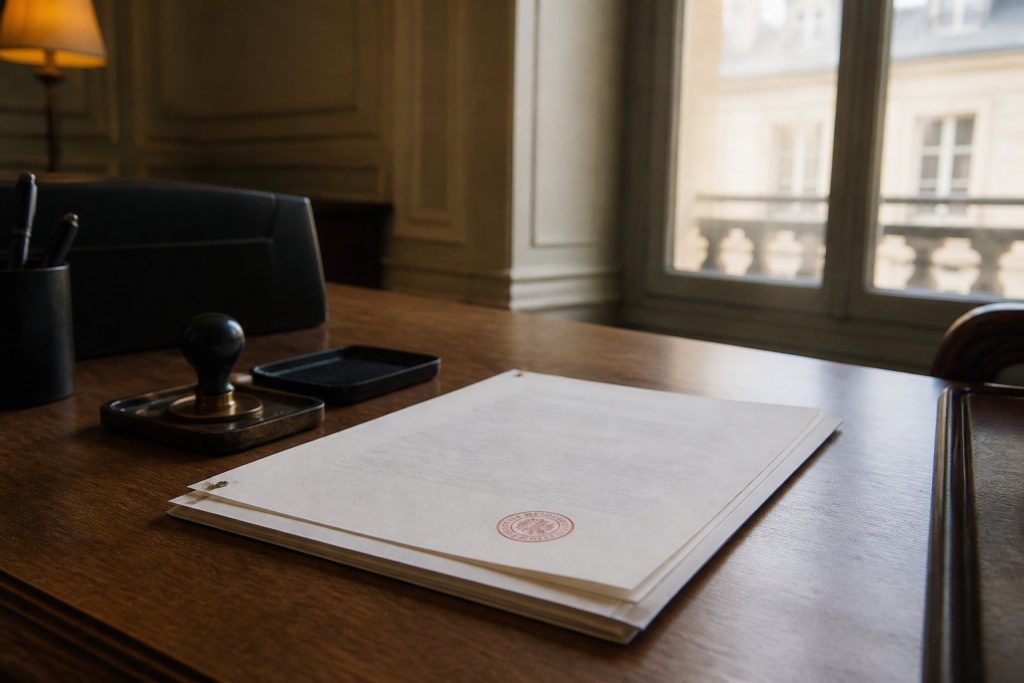 Dossier administratif tamponné posé sur un bureau, symbolisant la déclaration préalable de travaux