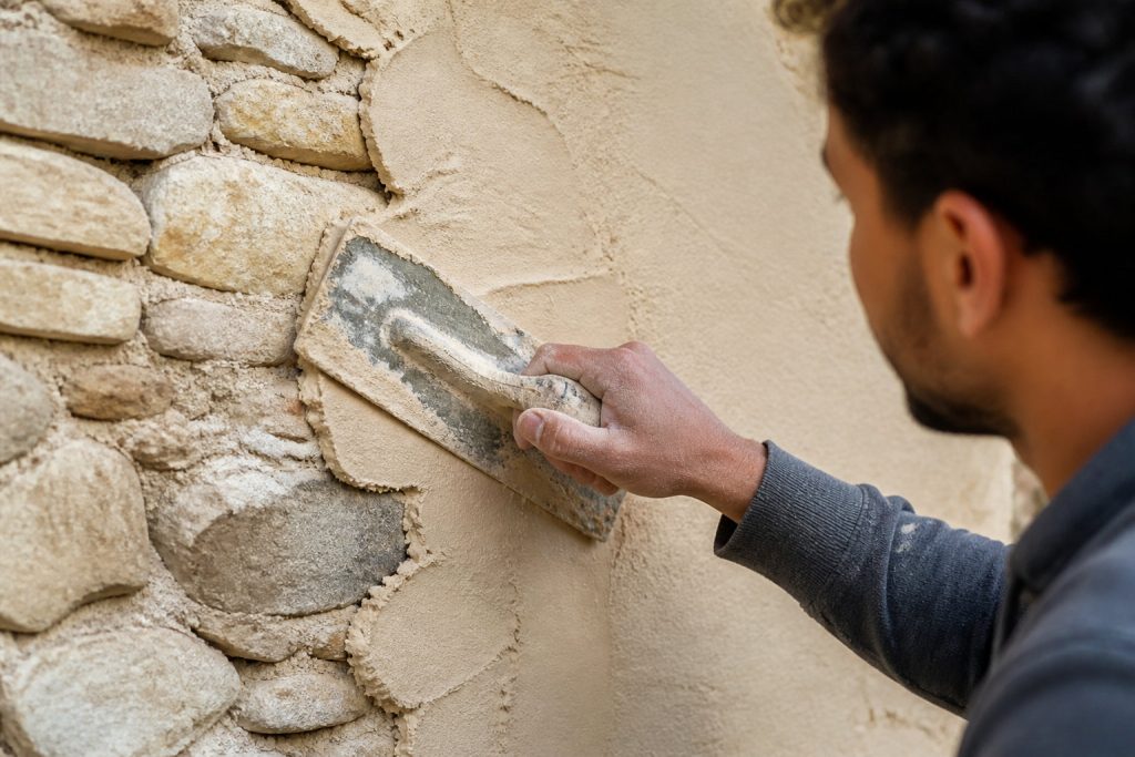 Artisan appliquant un enduit à la chaux à la taloche sur un mur en pierre
