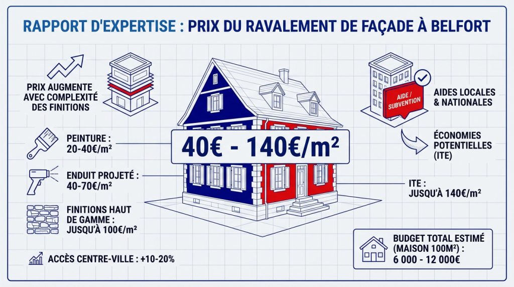 Infographie des prix du ravalement de façade à Belfort : peinture, enduit projeté, finitions haut de gamme et ITE au m²